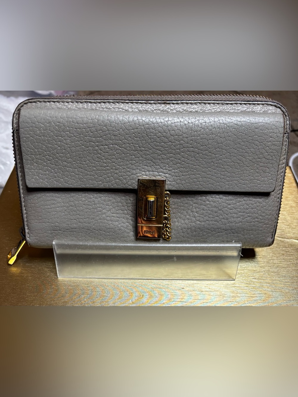 Chloe Gray Pebbled Leather Wallet with Gold Hardware